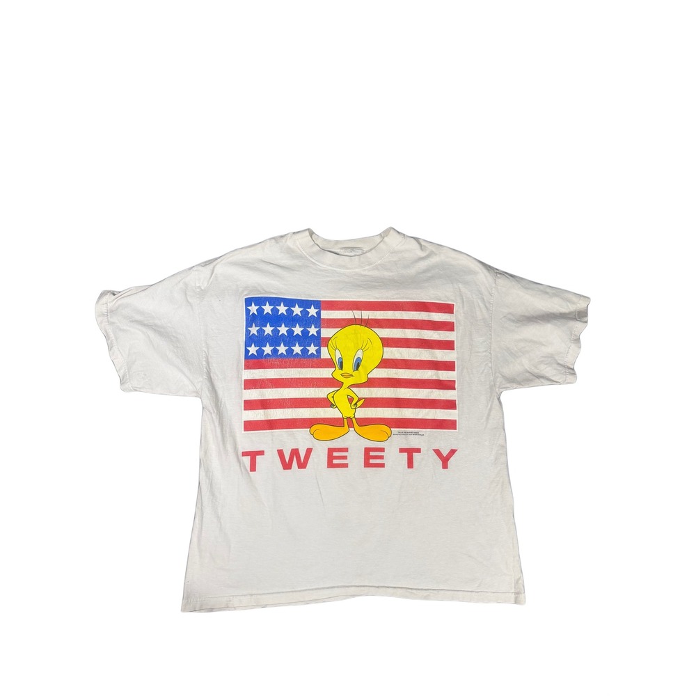 Vintage Looney Tunes Tweety Bird American Flag T-Shirt White Single Stitch XL